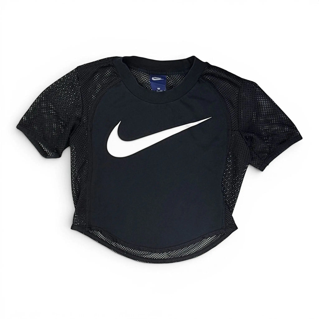 The Room Collective Nike Women's black mesh short sleeve crop top with white swoosh logo. Size XS.