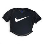The Room Collective Nike Women's black mesh short sleeve crop top with white swoosh logo. Size XS.