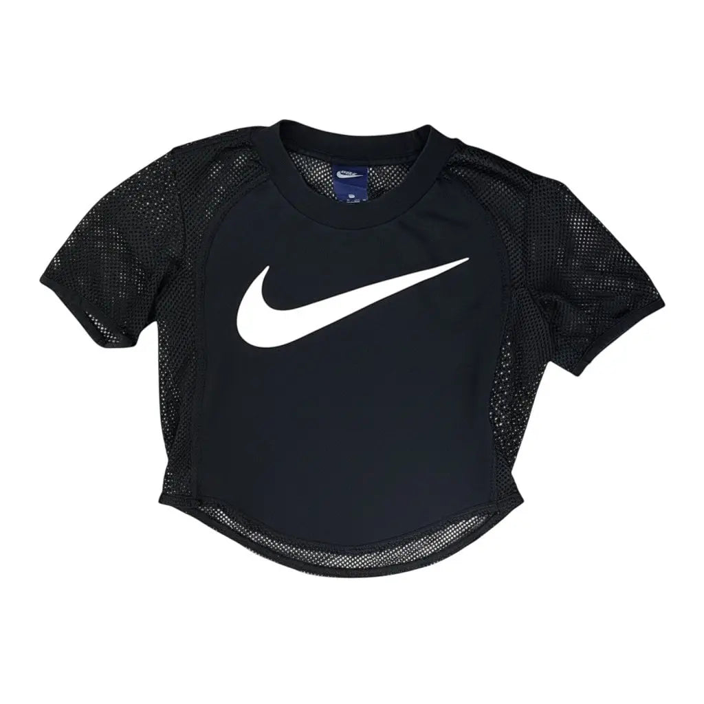 The Room Collective Nike Women's black mesh short sleeve crop top with white swoosh logo. Size XS.