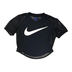 The Room Collective Nike Women's black mesh short sleeve crop top with white swoosh logo. Size XS.