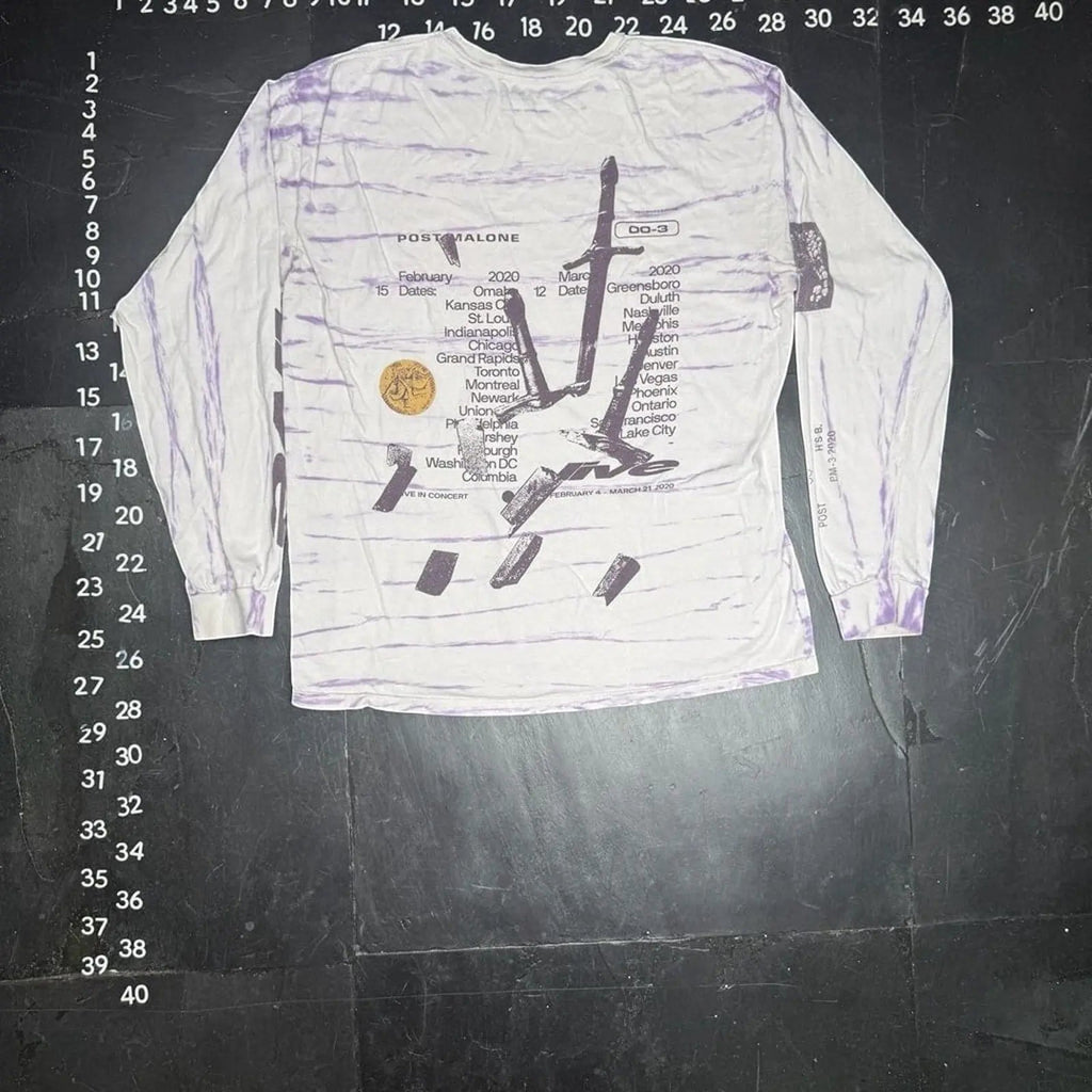 The Room Collective Post Malone Hollywood's Bleeding Runaway Tour 2020 tie-dye long sleeve shirt in purple and white, size Large. Features tour dates and graphics.